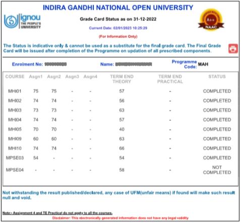 ignou online assignment marks